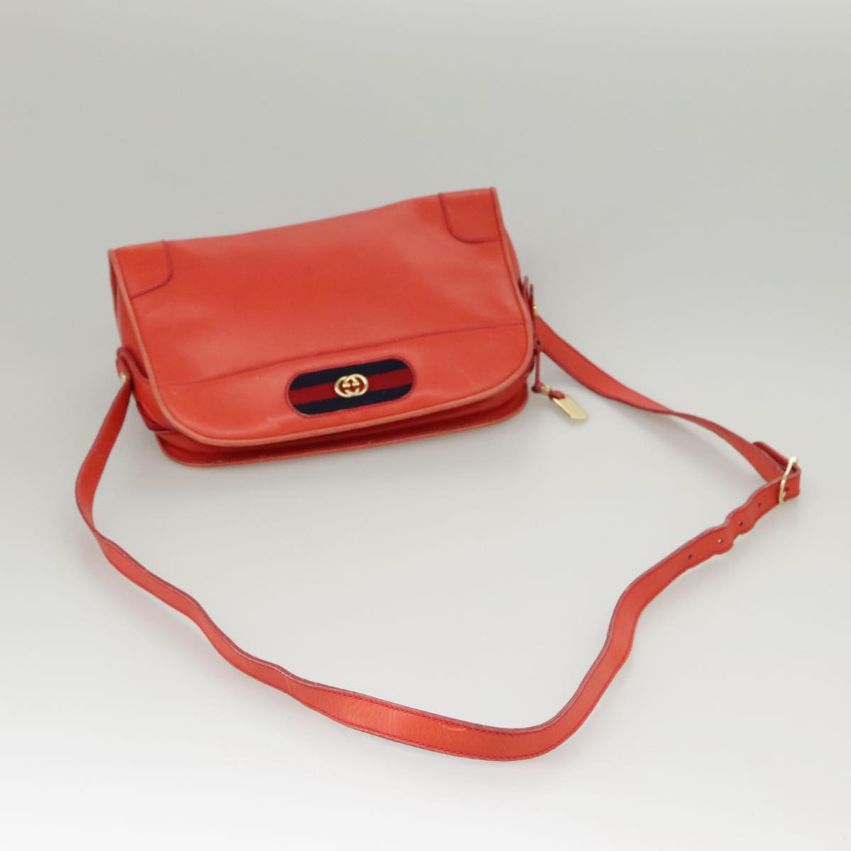 GUCCI Sherry Line Shoulder Bag Leather Orange Navy Red 100717