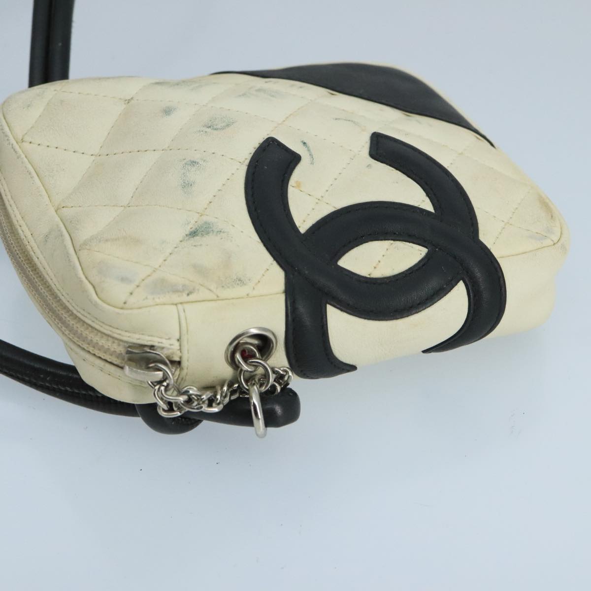 CHANEL Cambon Line Shoulder Bag Leather White Silver CC 100788
