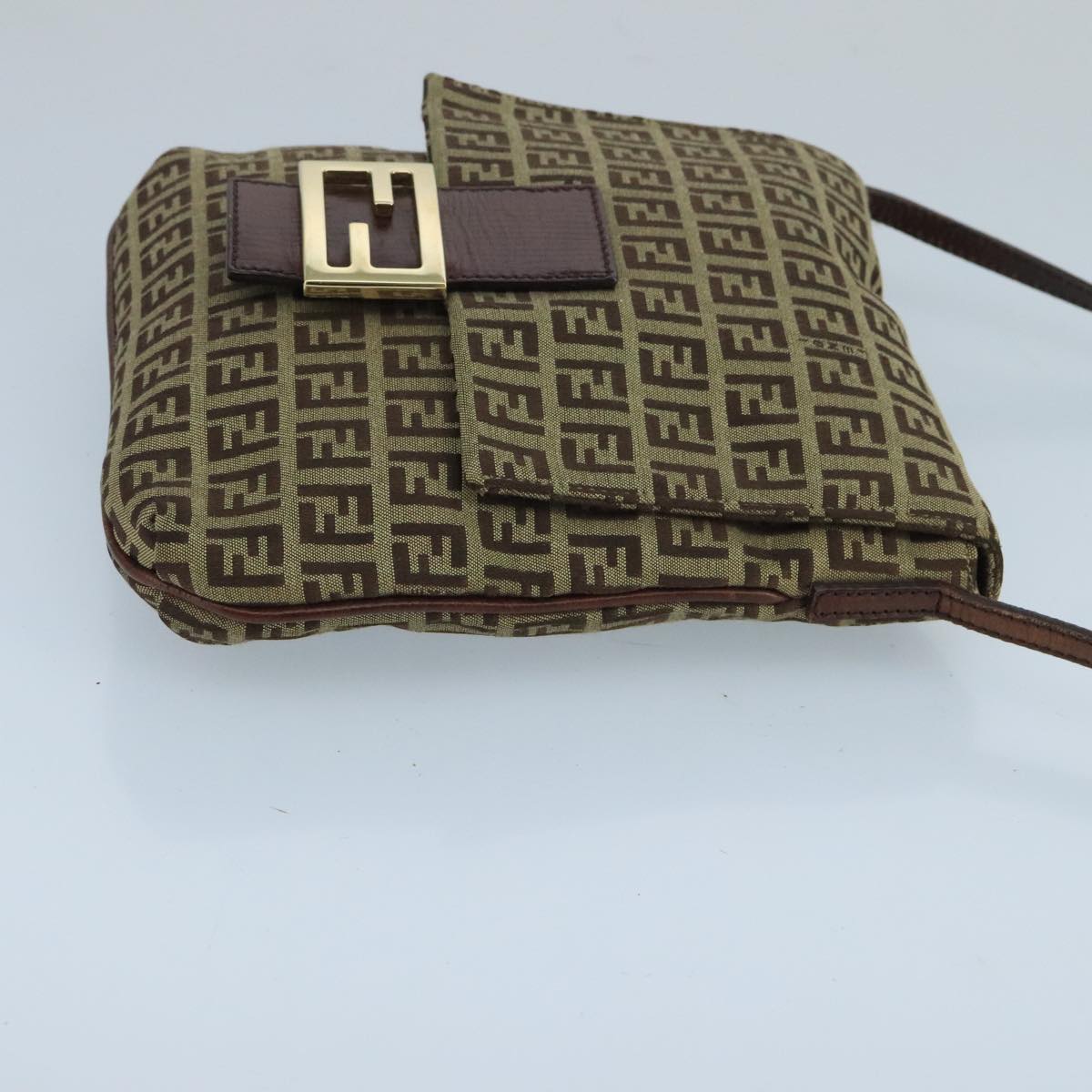FENDI Zucchino Canvas Shoulder Bag Beige Gold 100793