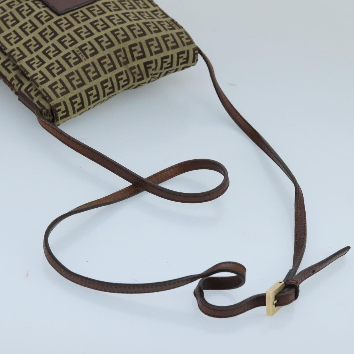 FENDI Zucchino Canvas Shoulder Bag Beige Gold 100793