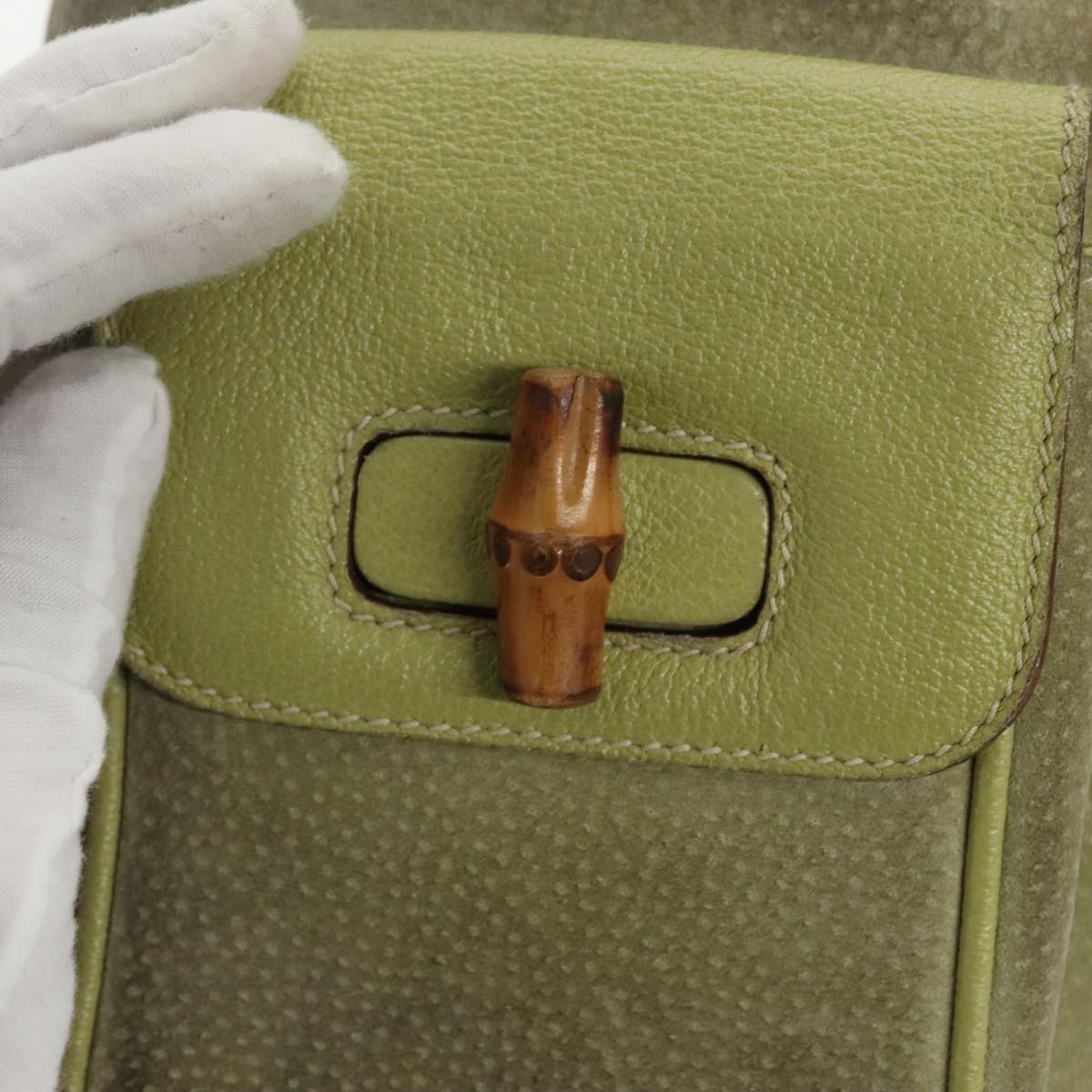 GUCCI Bamboo Backpack Suede Green Gold 003 2058 0016 100938