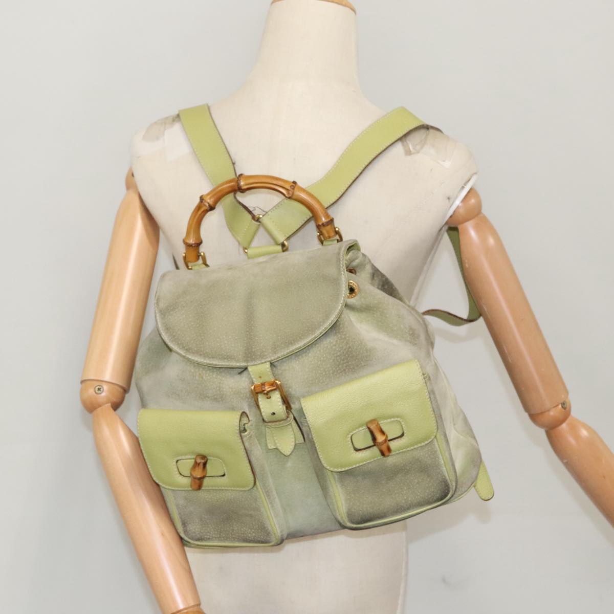 GUCCI Bamboo Backpack Suede Green Gold 003 2058 0016 100938
