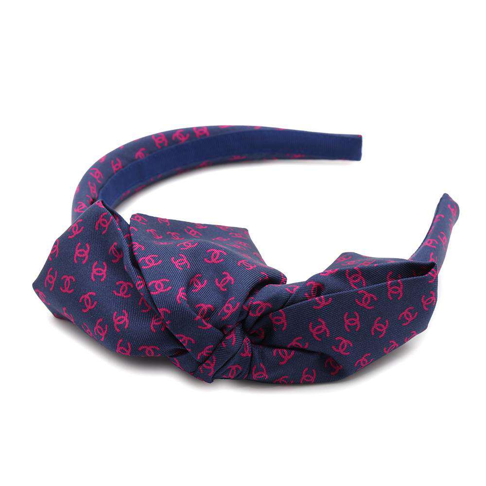 CHANEL CC Logo All-over Print Ribbon Headband Navy/Pink Silk100%