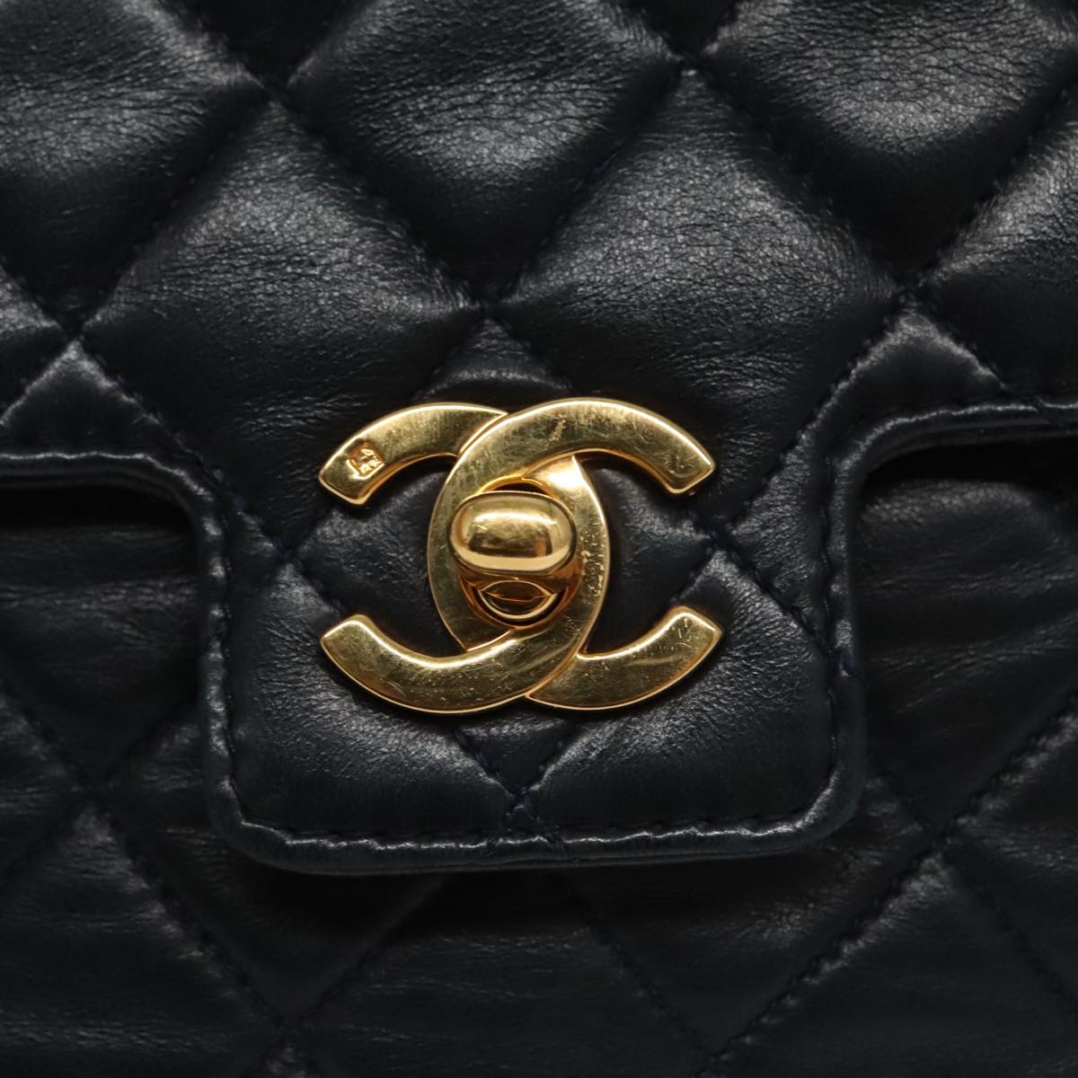 CHANEL Hand Bag Lamb Skin Navy Gold CC 101325A