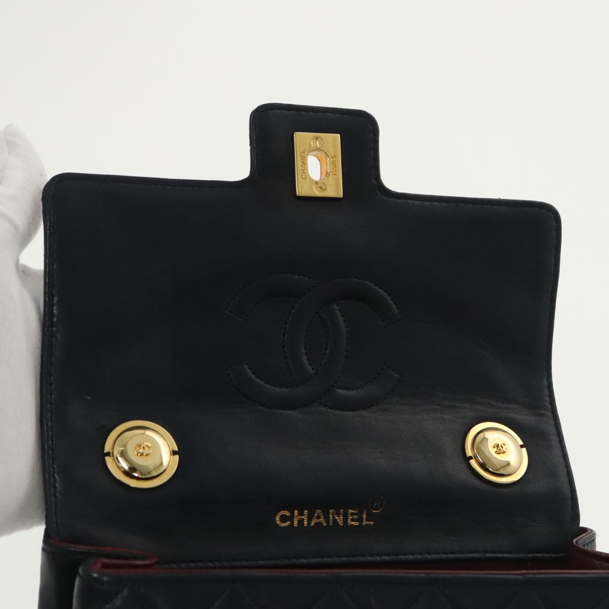 CHANEL Hand Bag Lamb Skin Navy Gold CC 101325A