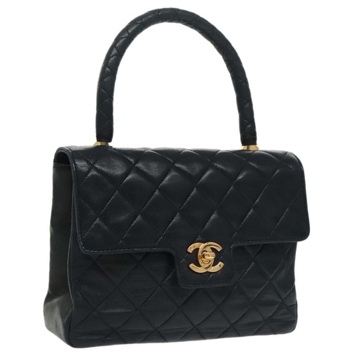 CHANEL Hand Bag Lamb Skin Navy Gold CC 101325A