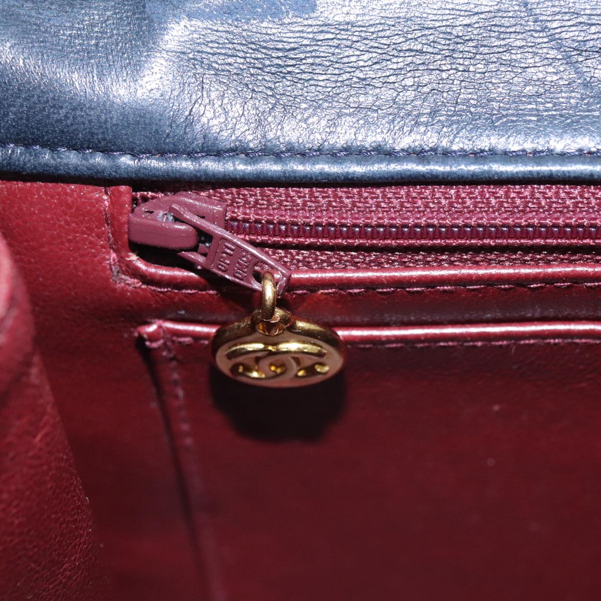 CHANEL Hand Bag Lamb Skin Navy Gold CC 101325A