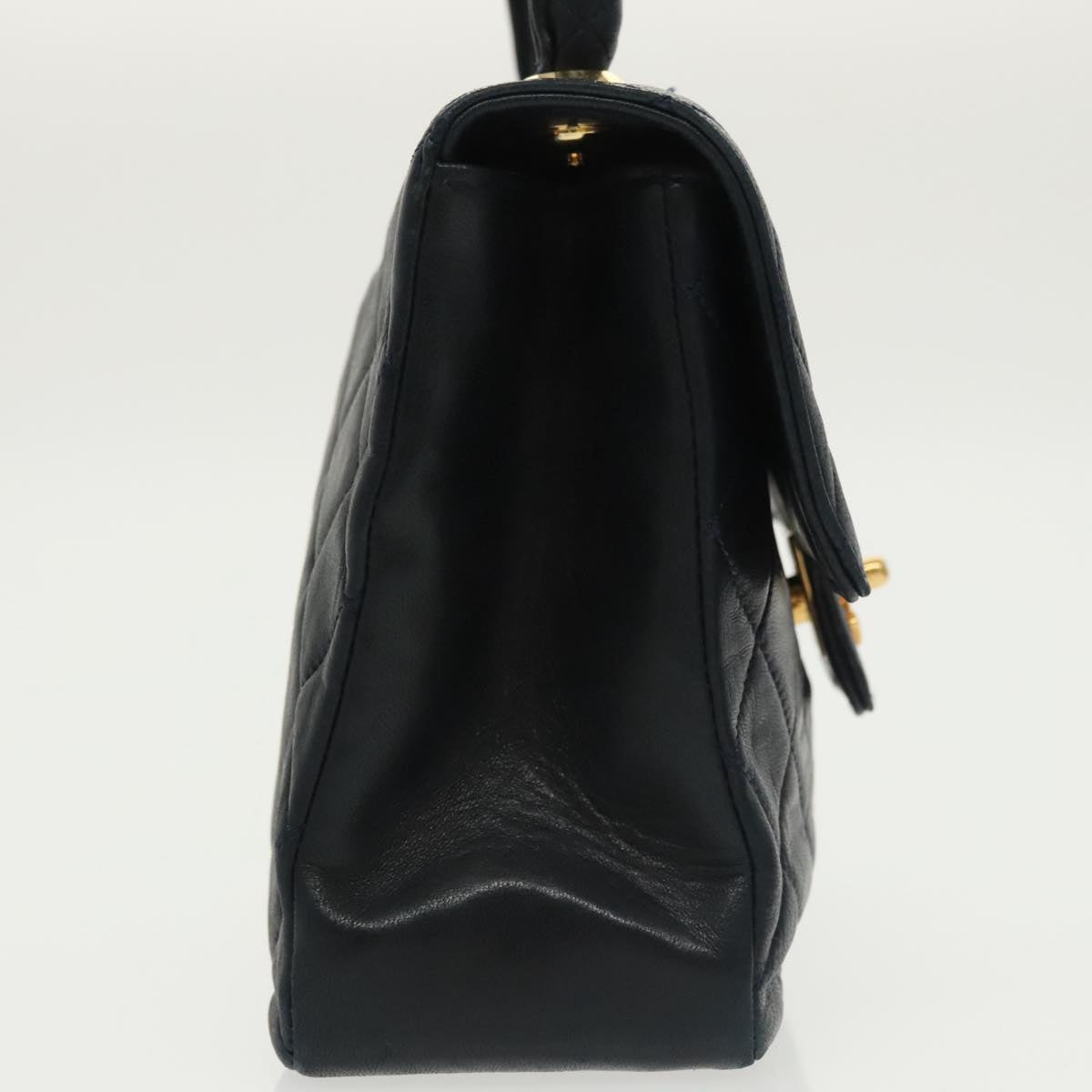 CHANEL Hand Bag Lamb Skin Navy Gold CC 101325A