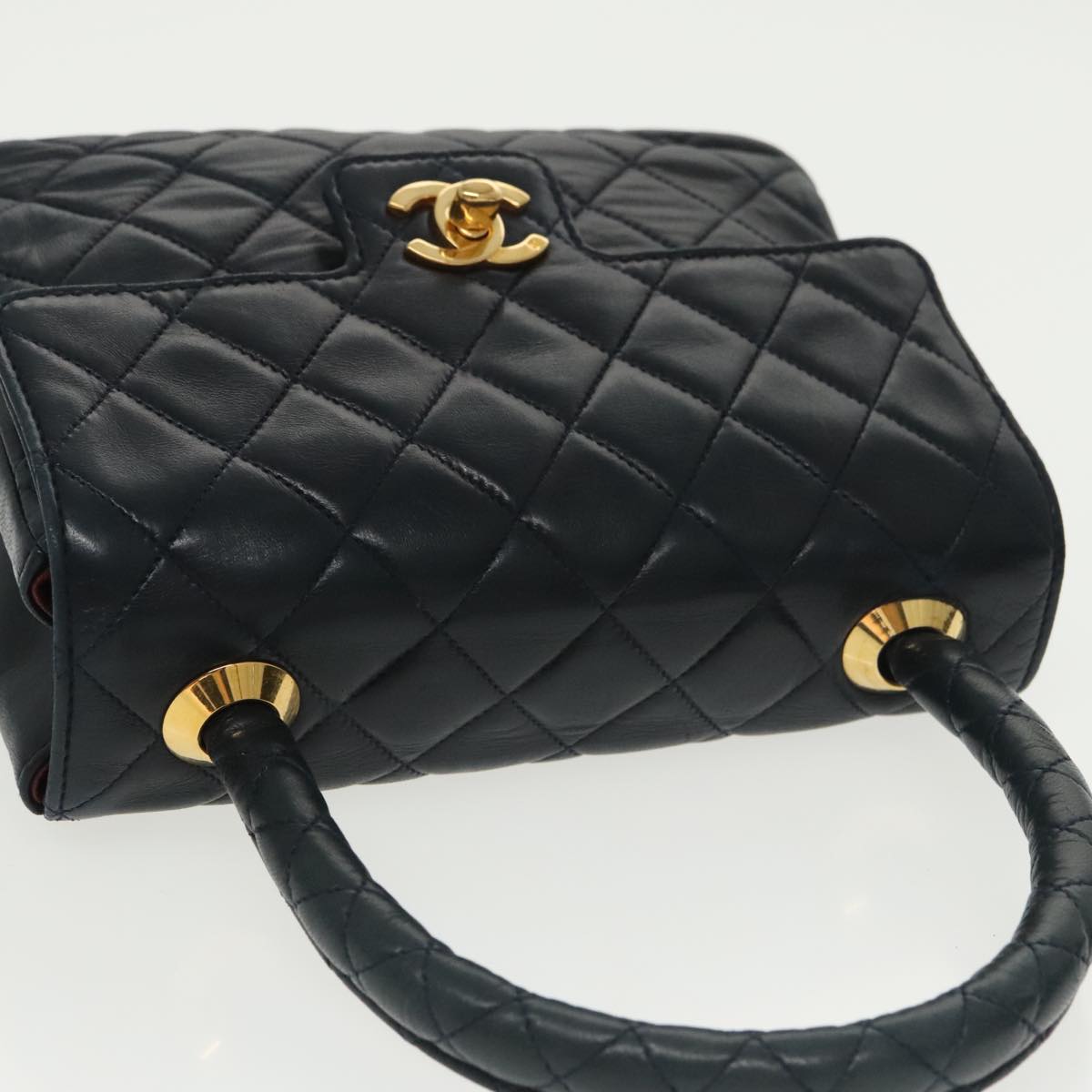 CHANEL Hand Bag Lamb Skin Navy Gold CC 101325A