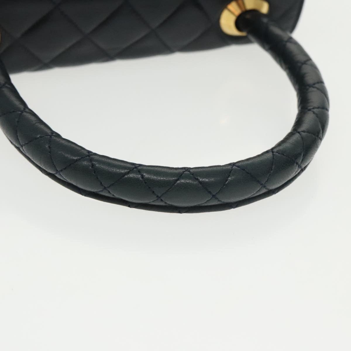 CHANEL Hand Bag Lamb Skin Navy Gold CC 101325A