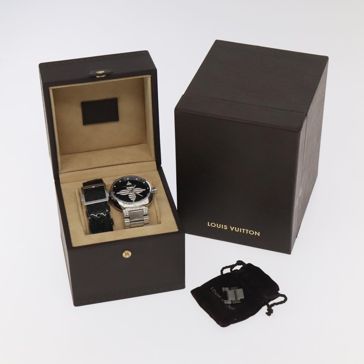 LOUIS VUITTON Tambour Forever Q121F Diamond Lug Pave Diamond Gray Watches Q121F 101376S