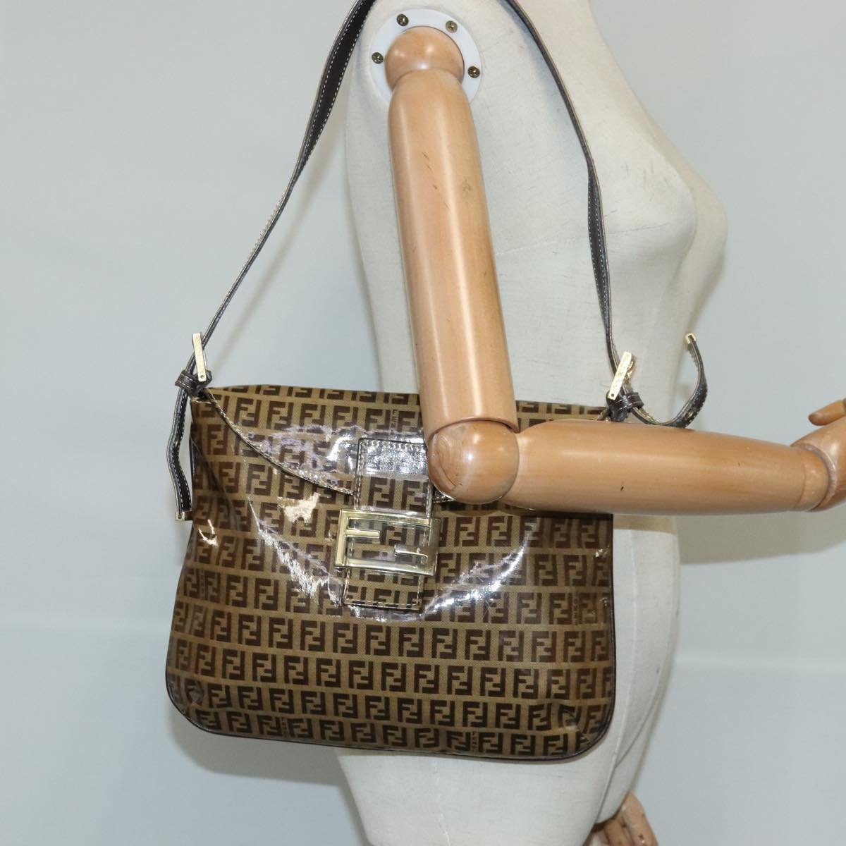 FENDI Zucchino Canvas Mamma Baguette Shoulder Bag Enamel Brown Gold 101410