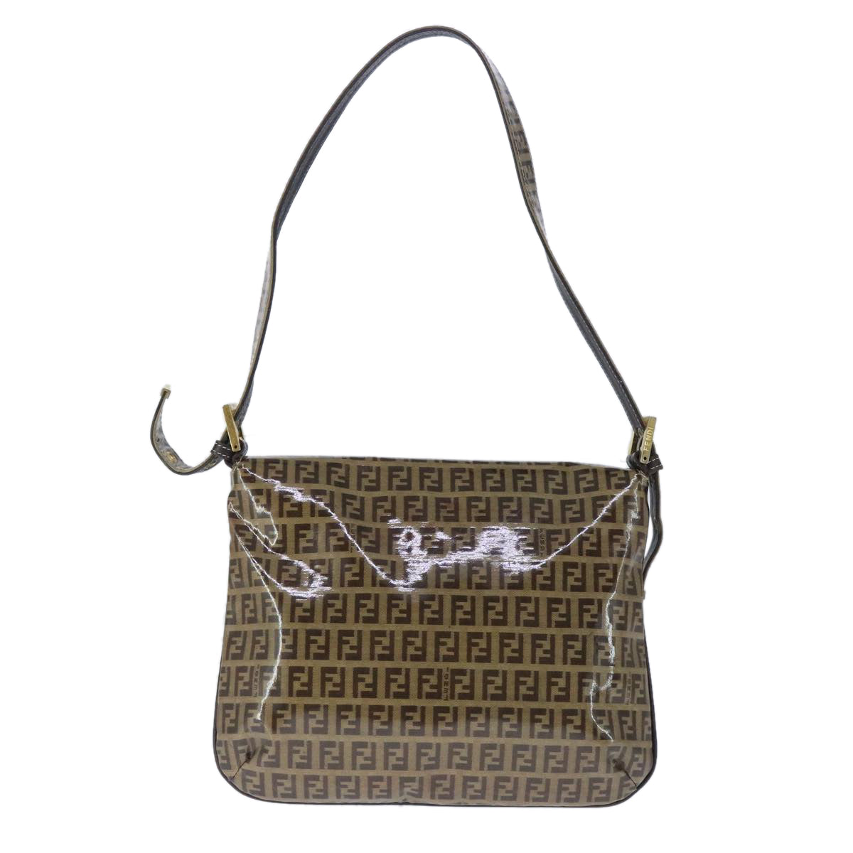 FENDI Zucchino Canvas Mamma Baguette Shoulder Bag Enamel Brown Gold 101410