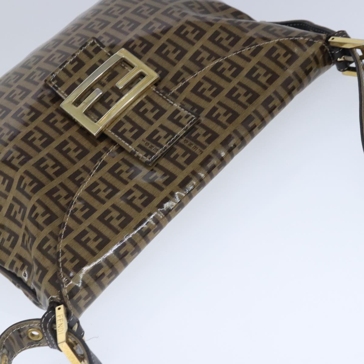 FENDI Zucchino Canvas Mamma Baguette Shoulder Bag Enamel Brown Gold 101410
