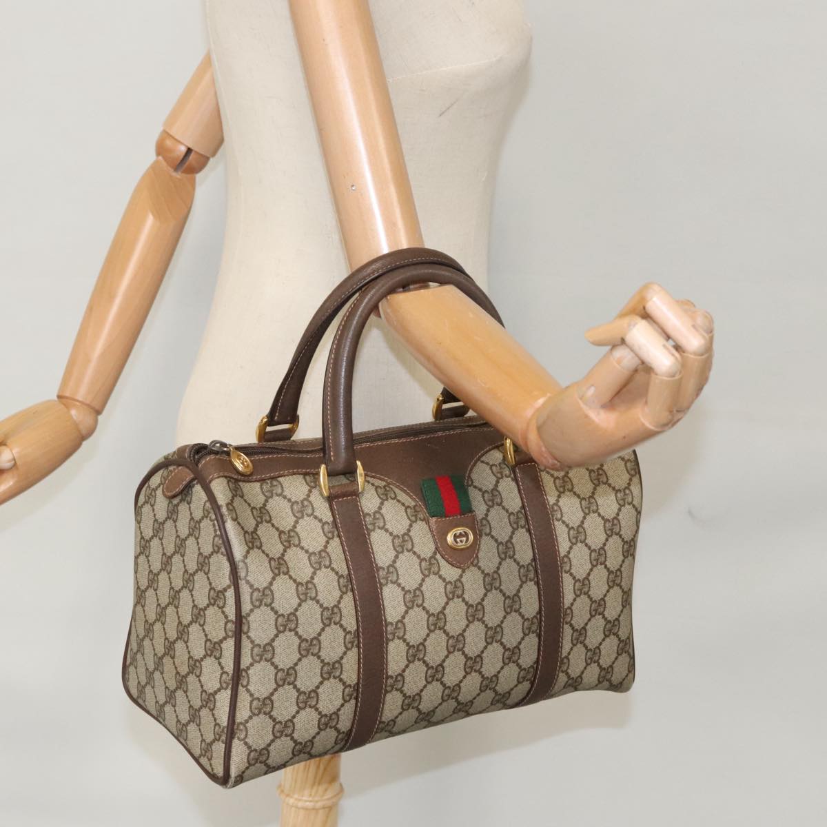 GUCCI GG Supreme Web Sherry Line Boston Bag PVC Beige Red 40 02 007 101456