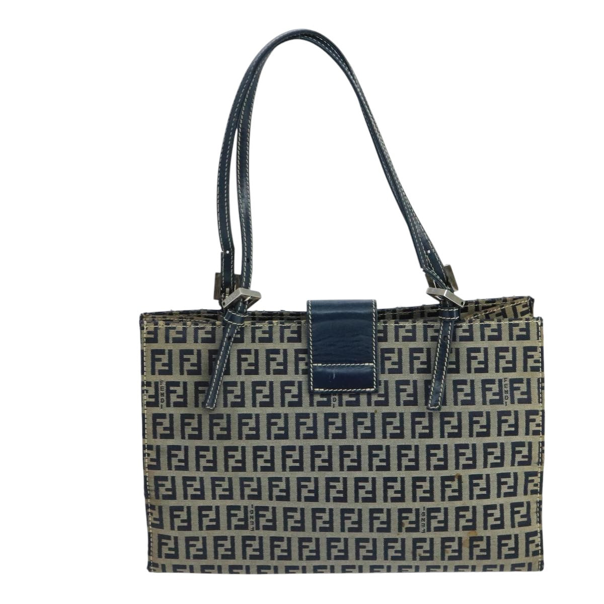 FENDI Zucchino Canvas Hand Bag Navy Silver 101922