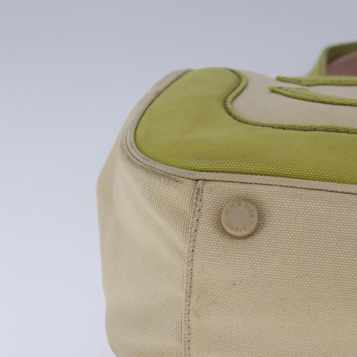 CHANEL Hand Bag Canvas Beige Green CC 101955