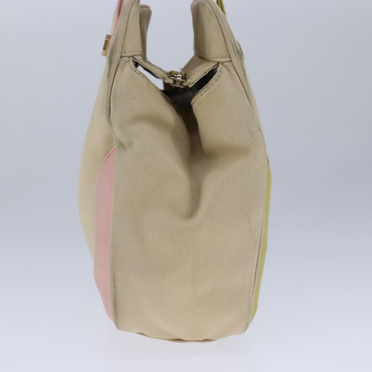 CHANEL Hand Bag Canvas Beige Green CC 101955