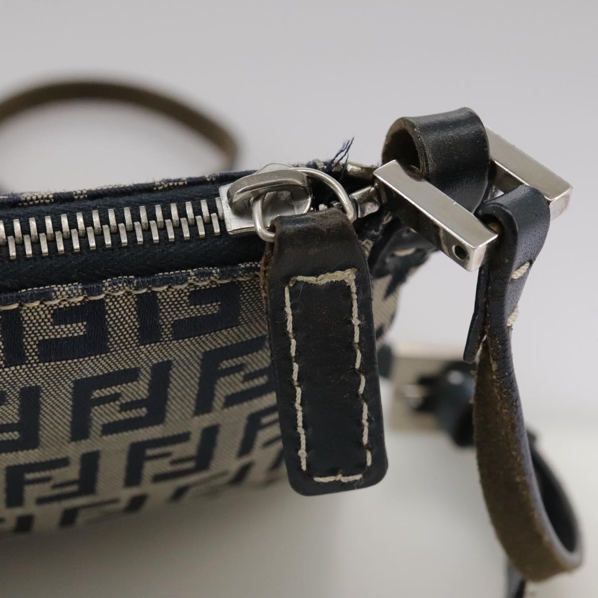 FENDI Zucchino Canvas Shoulder Bag Navy Silver 101961