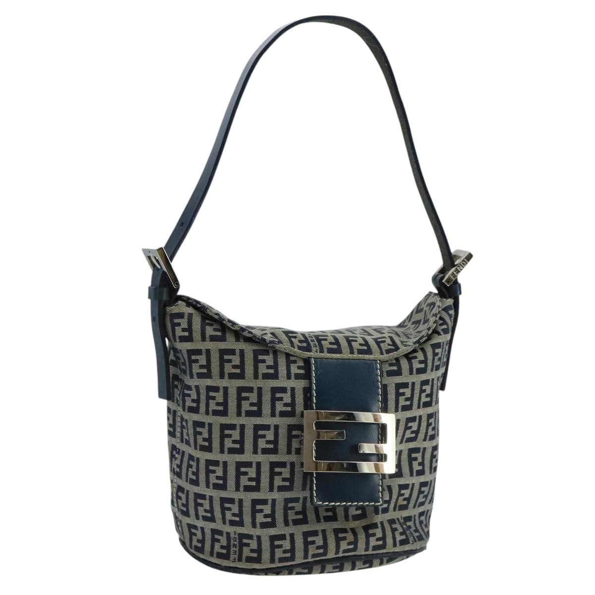 FENDI Zucchino Canvas Hand Bag Navy Silver 101993