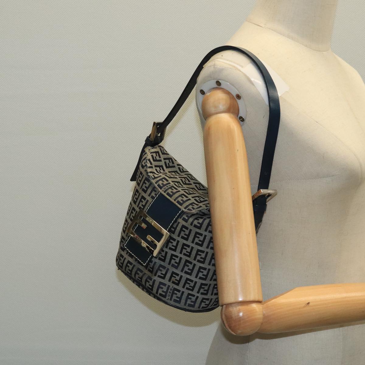 FENDI Zucchino Canvas Hand Bag Navy Silver 101993