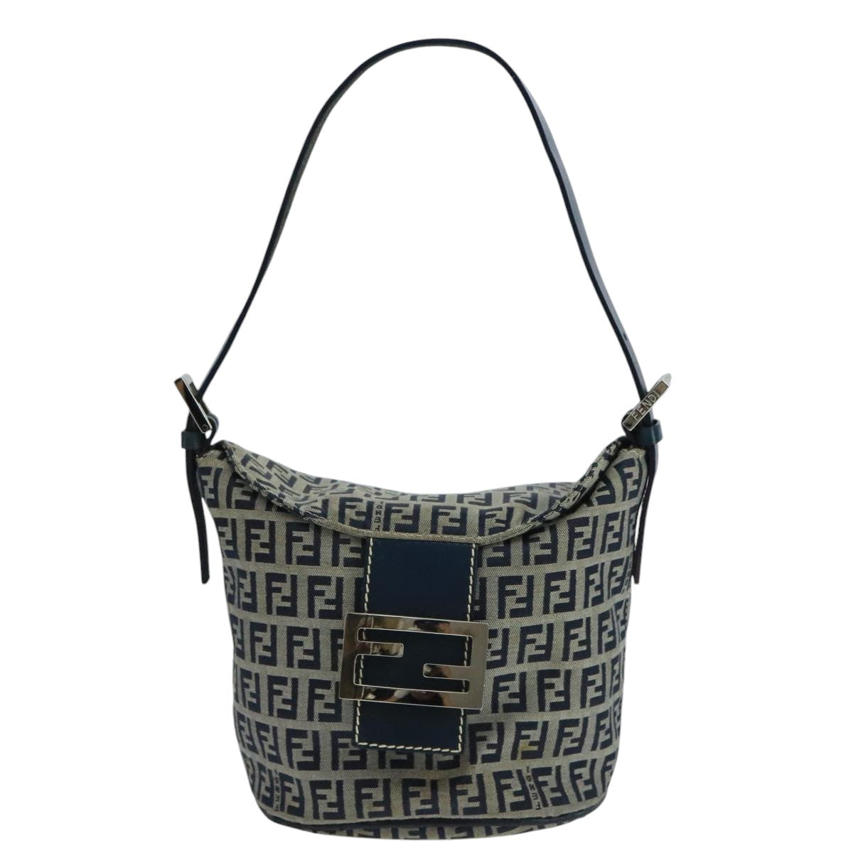 FENDI Zucchino Canvas Hand Bag Navy Silver 101993