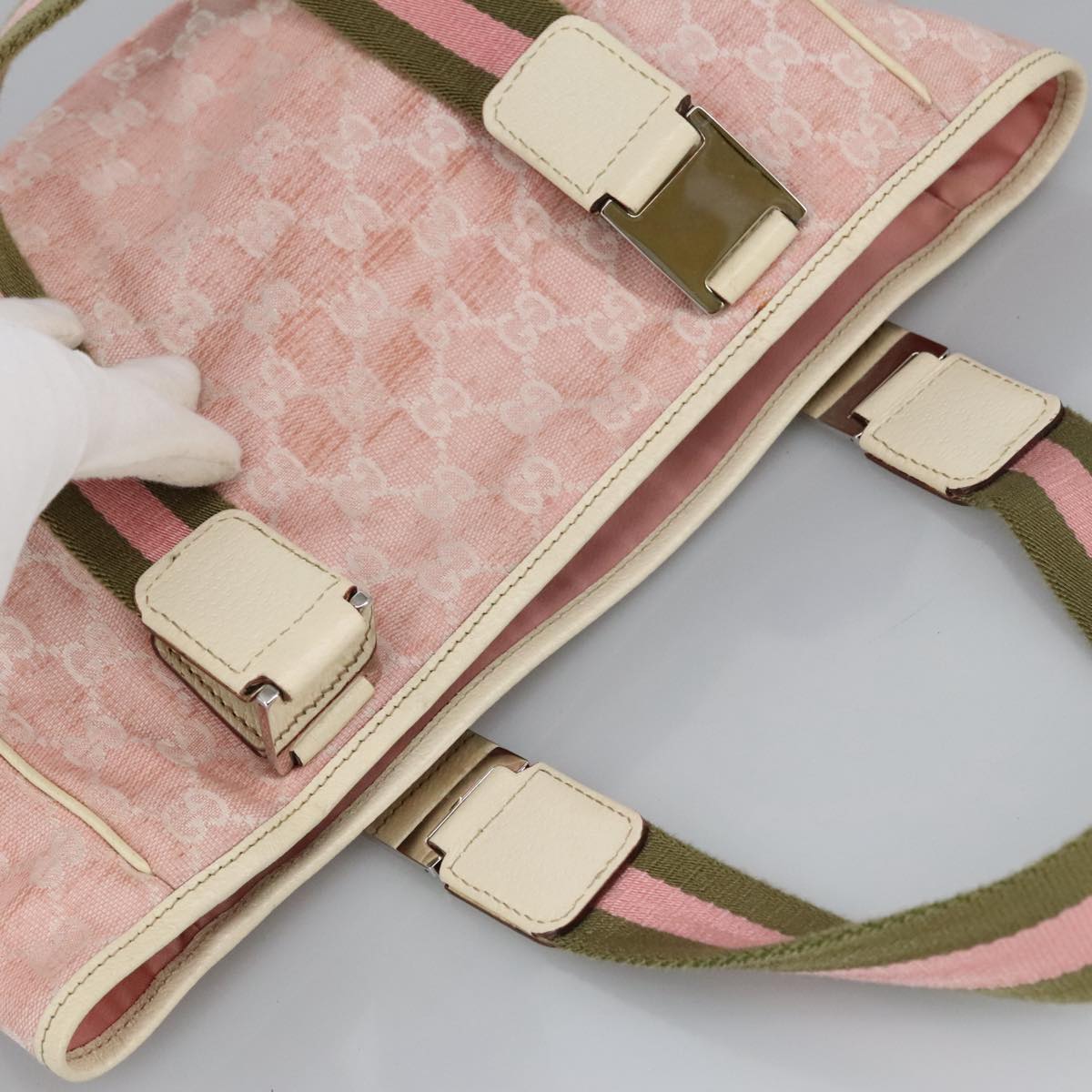 GUCCI GG Canvas Sherry Line Tote Bag Khaki Pink 145810 102064