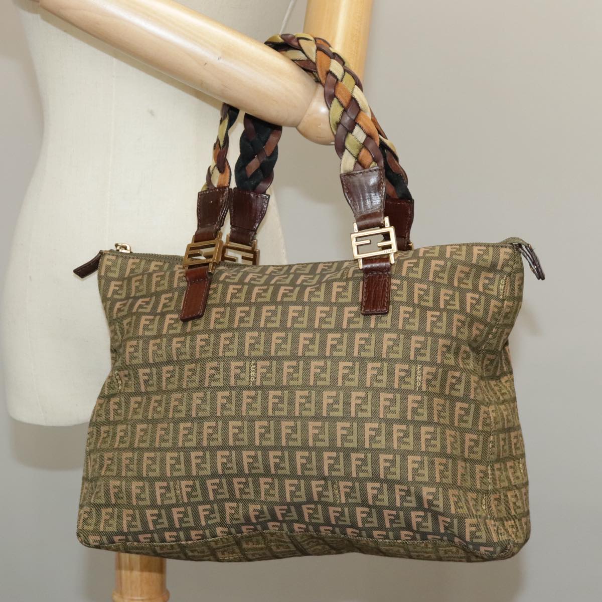 FENDI Zucchino Canvas Hand Bag Khaki 8BH138 102160