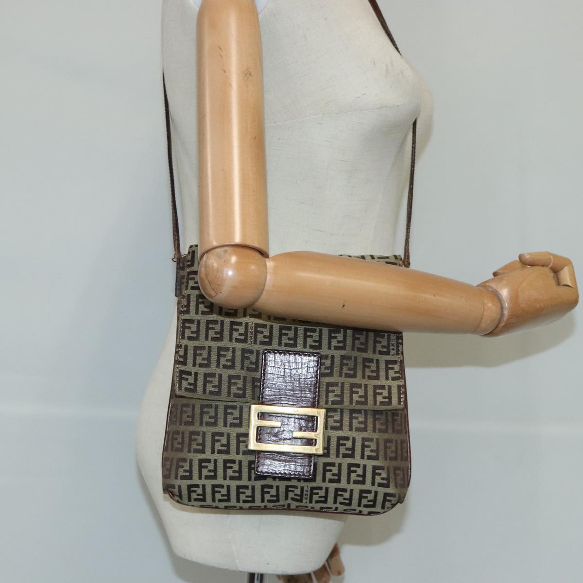 FENDI Zucchino Canvas Mamma Shoulder Bag Beige 102445