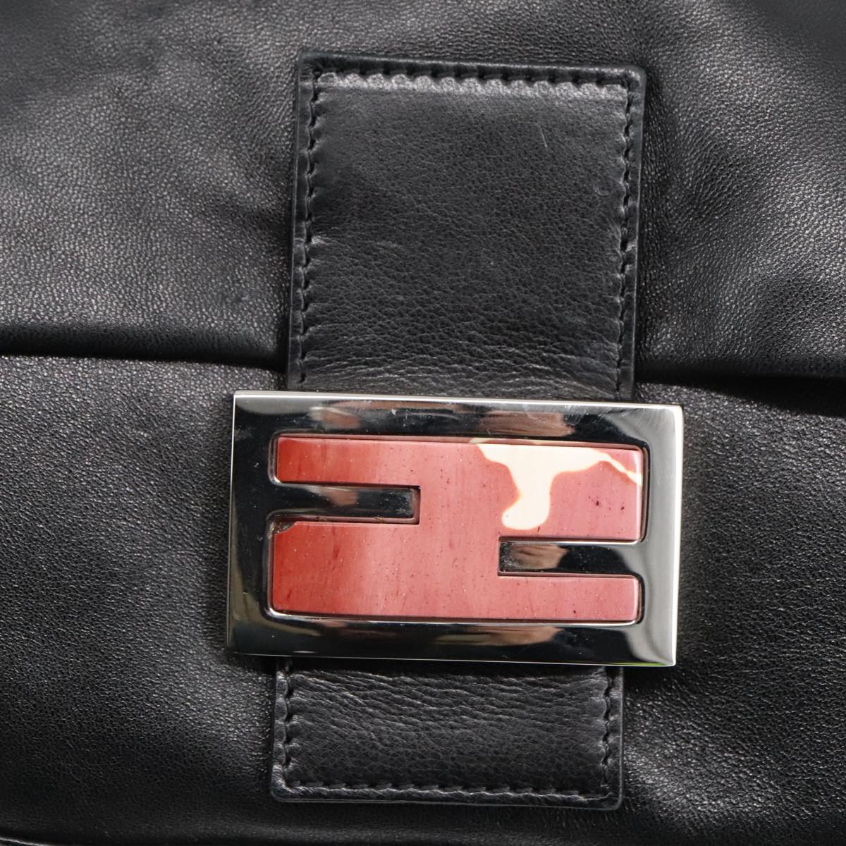 FENDI Mamma Baguette Shoulder Bag Leather Black Silver 102636