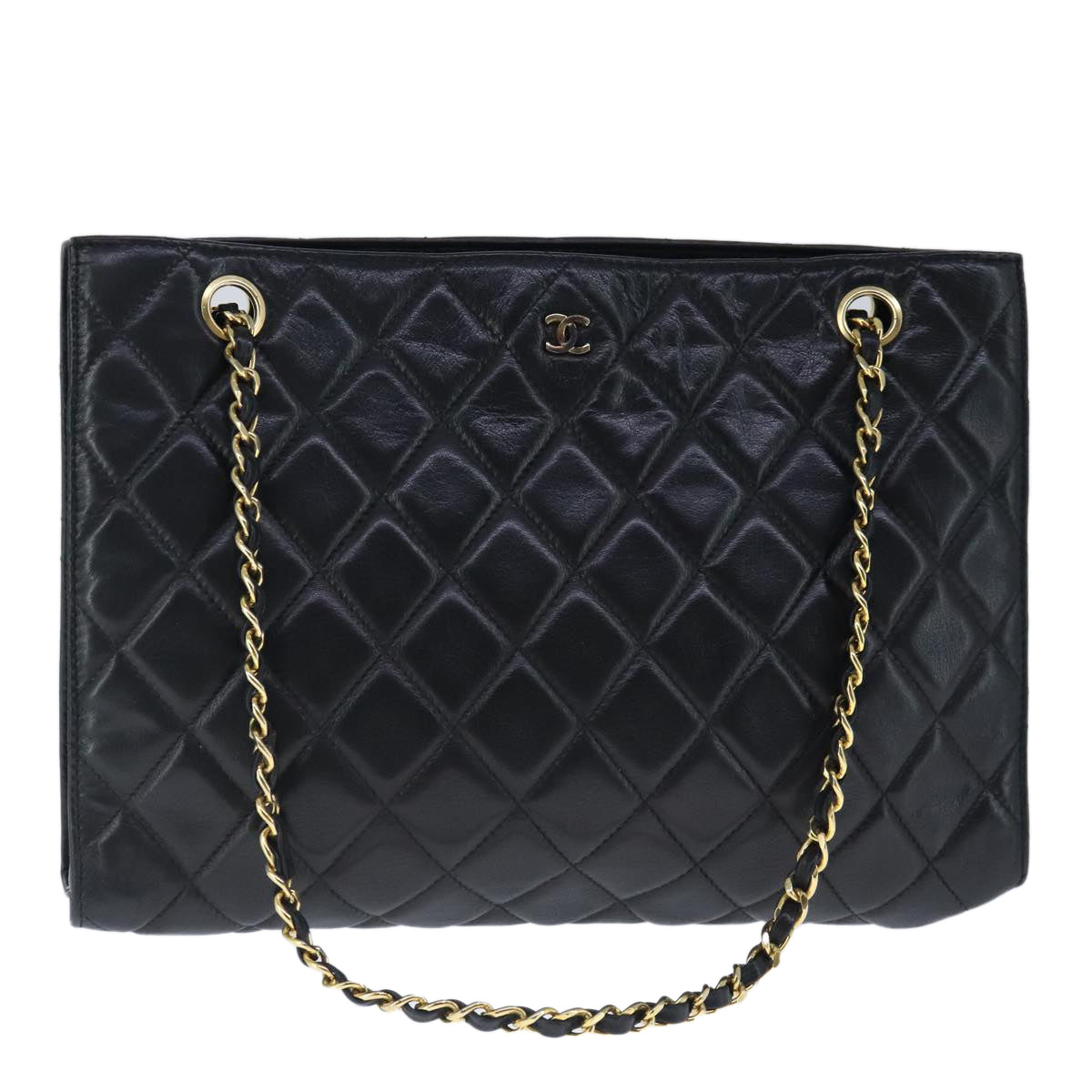 CHANEL Matelasse Chain Tote Bag Leather Black Gold CC 102918