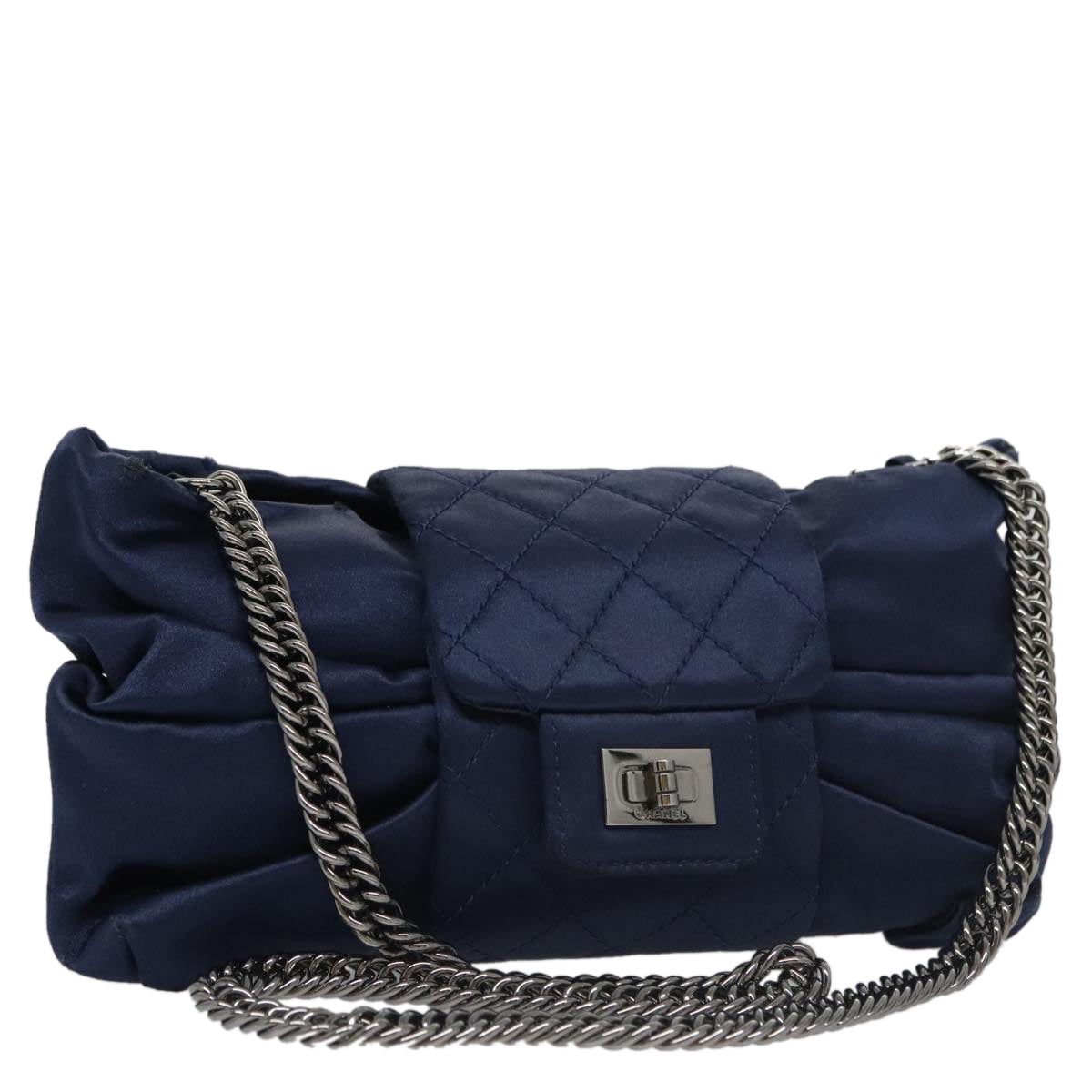CHANEL Matelasse Chain Shoulder Bag Satin Navy CC 103082