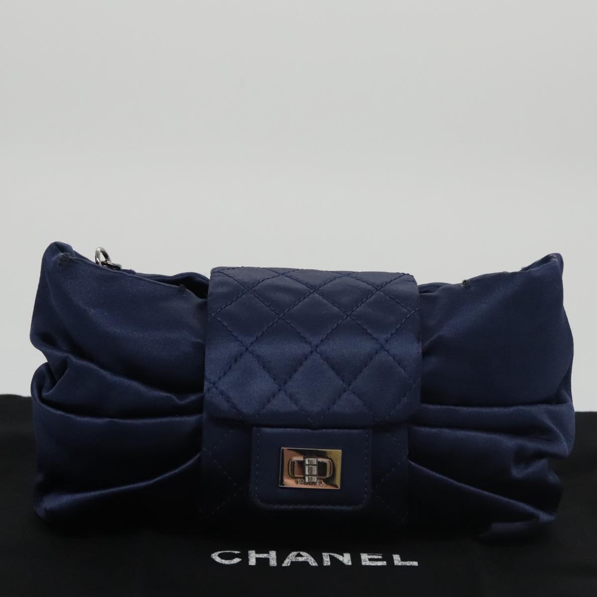 CHANEL Matelasse Chain Shoulder Bag Satin Navy CC 103082