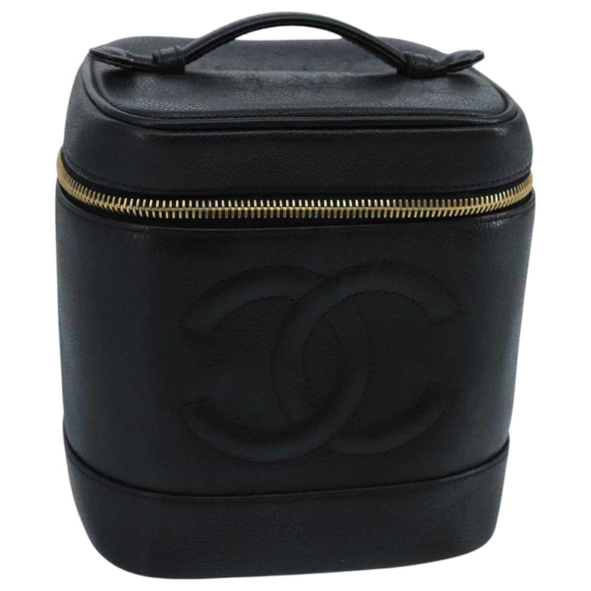 CHANEL Vanity Cosmetic Pouch Caviar Skin Black Gold CC 103221