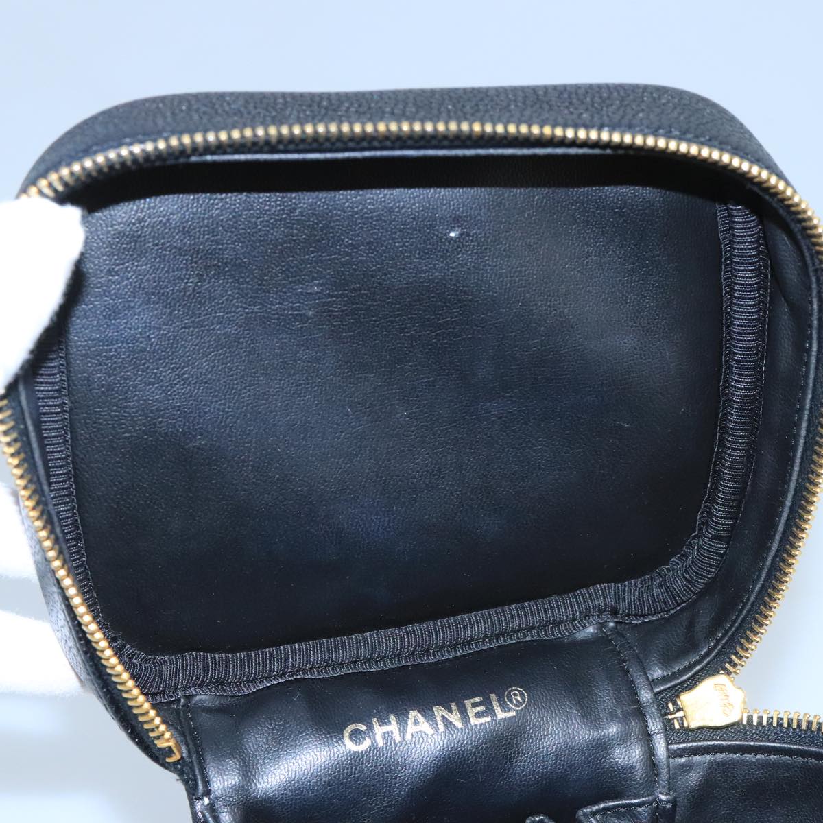 CHANEL Vanity Cosmetic Pouch Caviar Skin Black Gold CC 103221