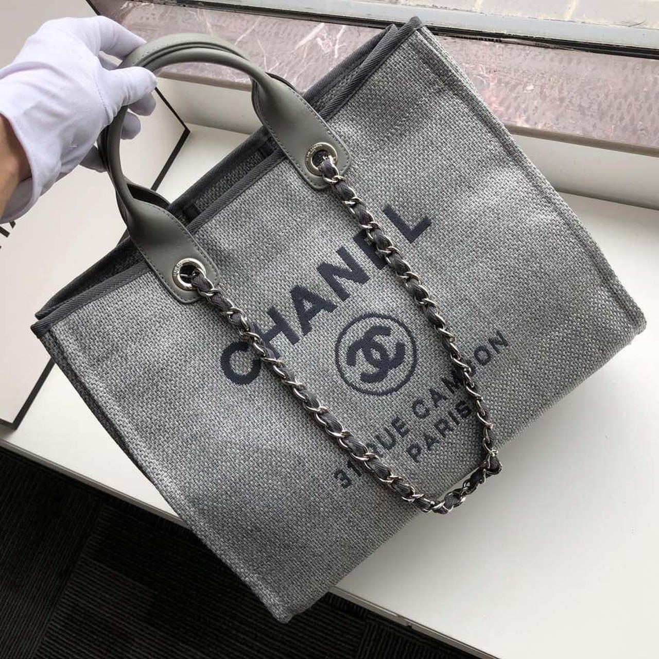 CHLSmall Shopping Bag Silver Hardware Grey For Women Handbags, Shoulder Bags 15.2in/39cm AS3257