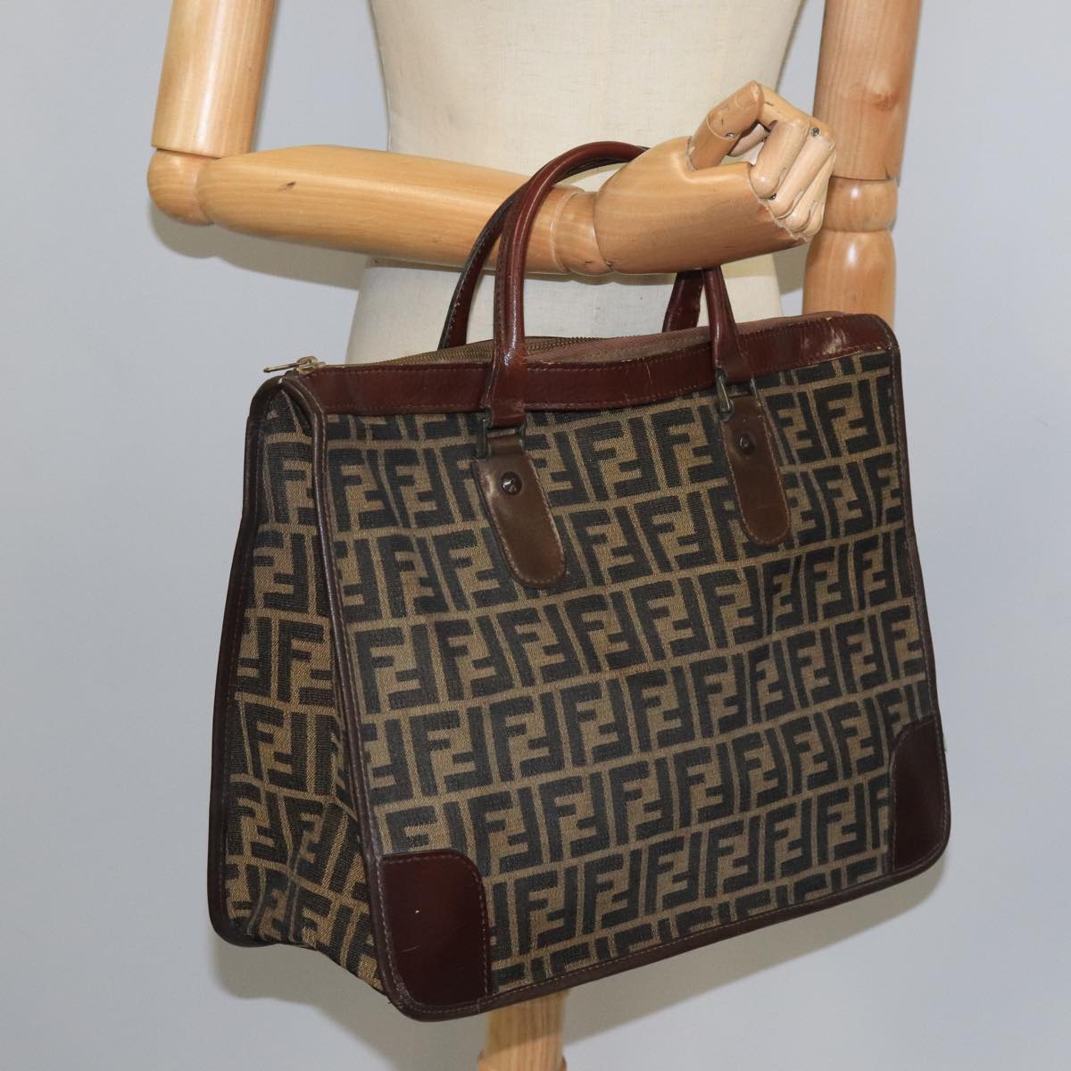 FENDI Zucca Canvas Hand Bag Brown Black gold 103452