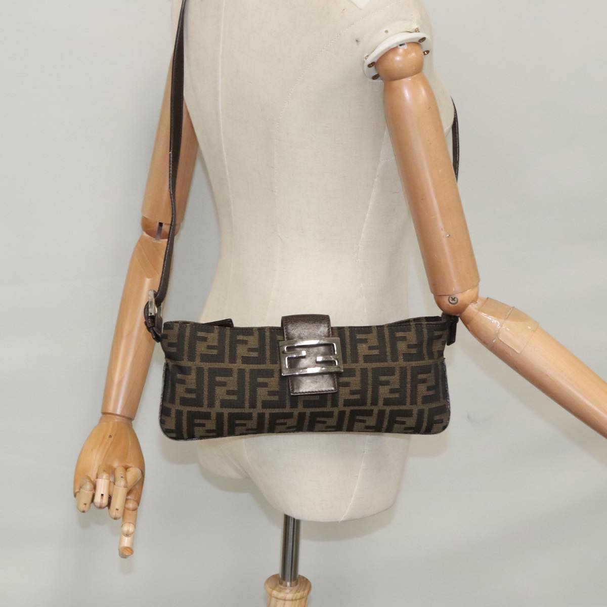 FENDI Zucca Canvas Shoulder Bag Brown Black 104253