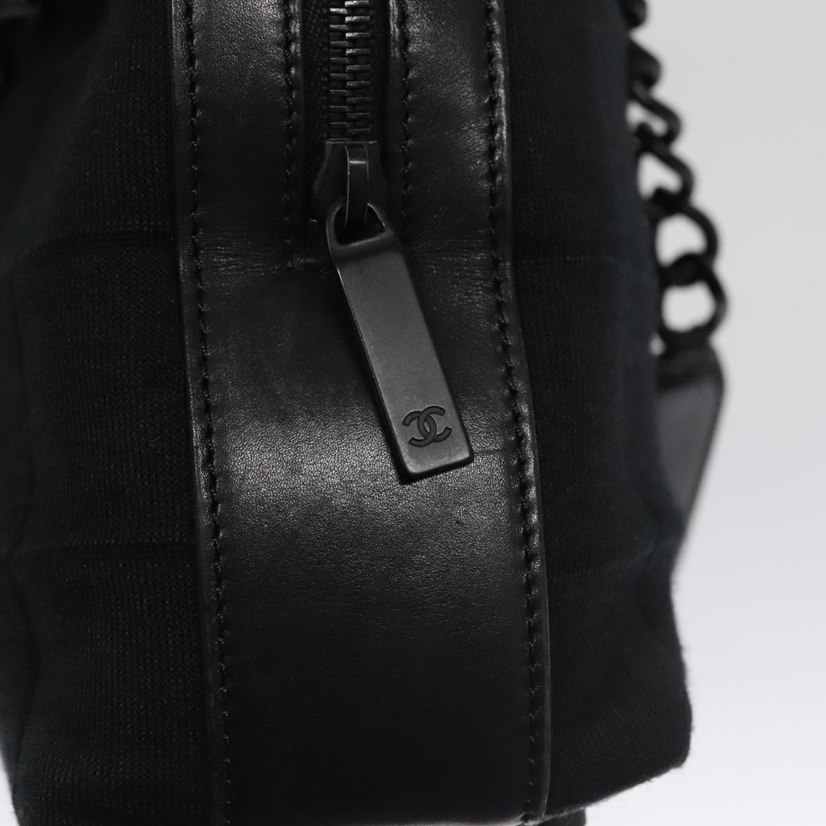 CHANEL Choco Bar Chain Hand Bag Cotton Black CC 104579