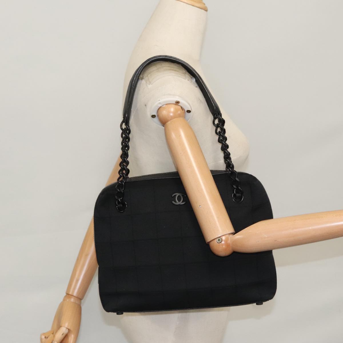 CHANEL Choco Bar Chain Hand Bag Cotton Black CC 104579