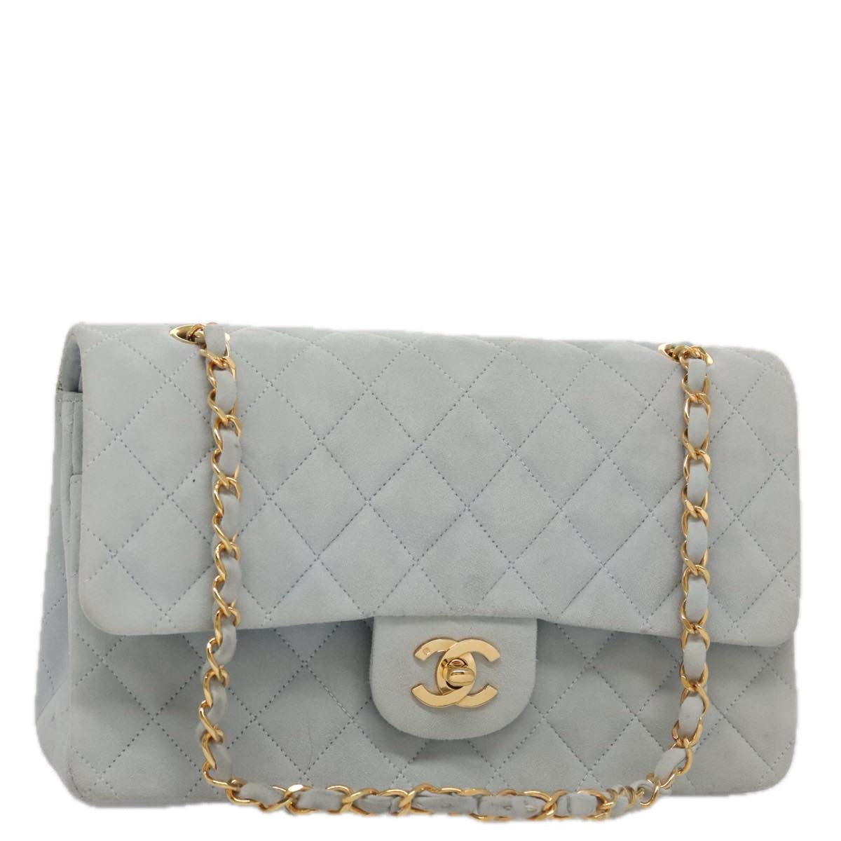 CHANEL Matelasse Chain Shoulder Bag Suede Light Blue Gold CC 106433A