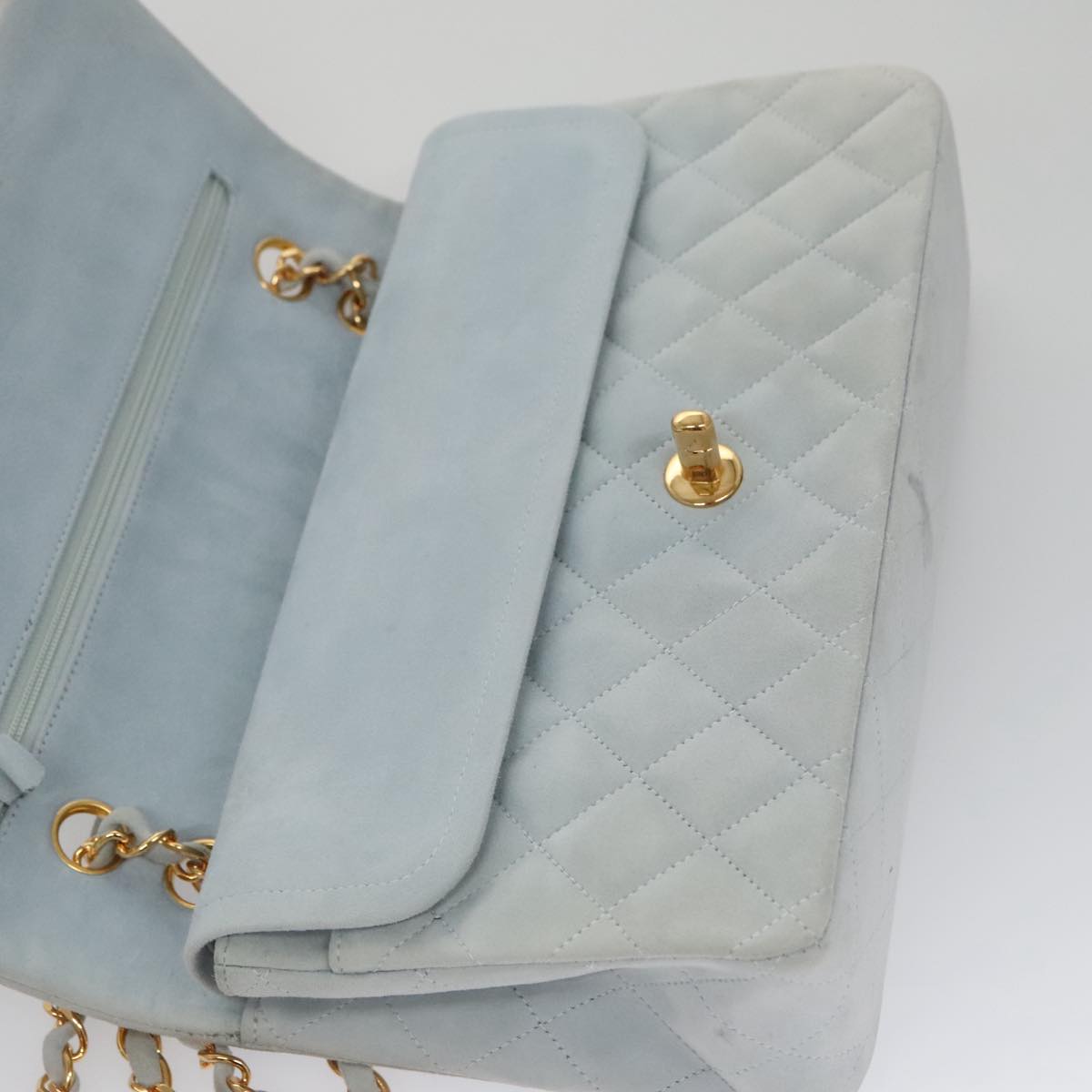CHANEL Matelasse Chain Shoulder Bag Suede Light Blue Gold CC 106433A