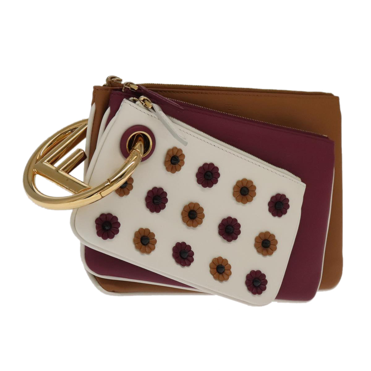 FENDI Triplet Clutch Bag Leather Brown Purple gold 106719