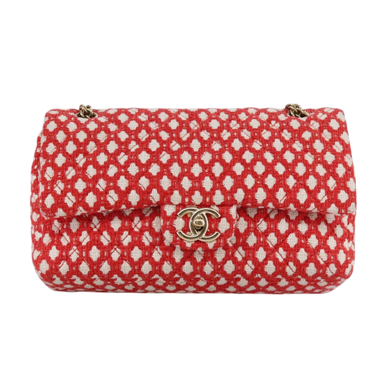 CHANEL Matelasse Chain Shoulder Bag Tweed Red CC 106727A
