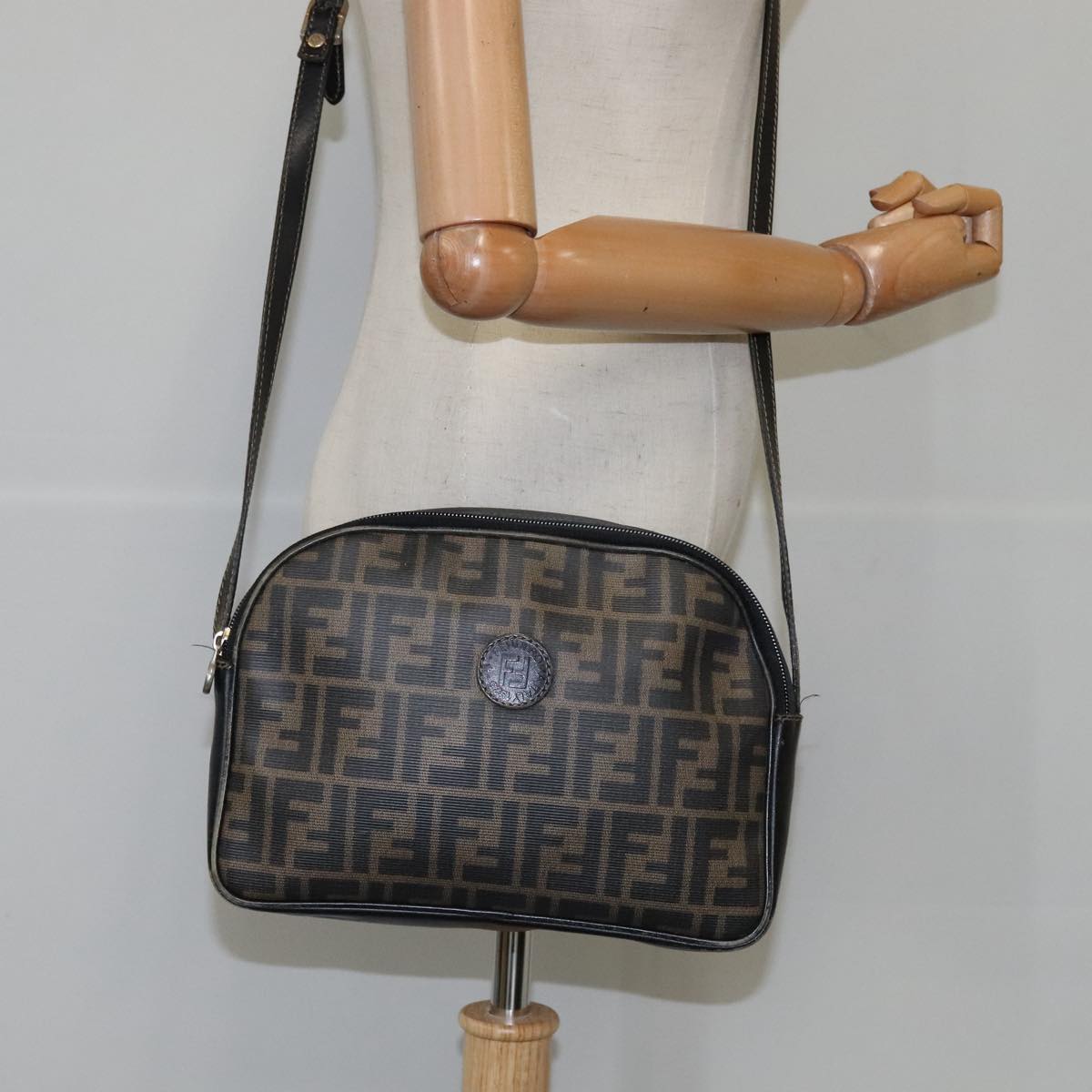 FENDI Zucca Canvas Shoulder Bag PVC Khaki Black Gold 106832