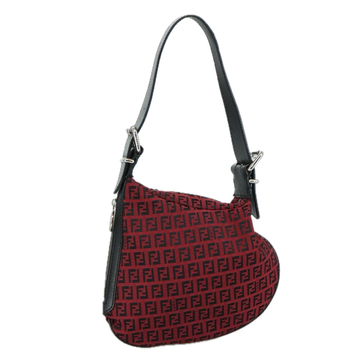 FENDI Zucchino Canvas Shoulder Bag Red Black Silver 108052
