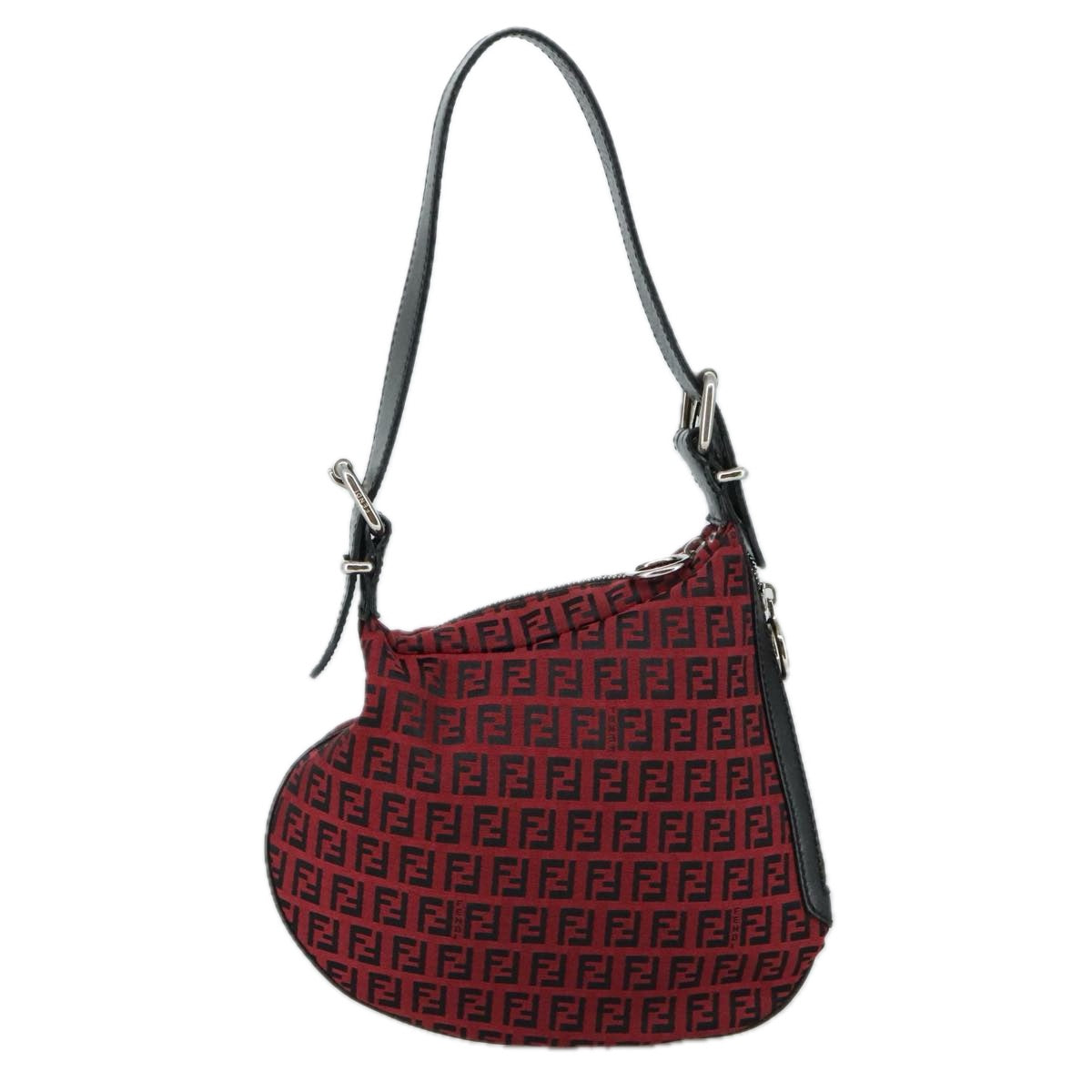FENDI Zucchino Canvas Shoulder Bag Red Black Silver 108052