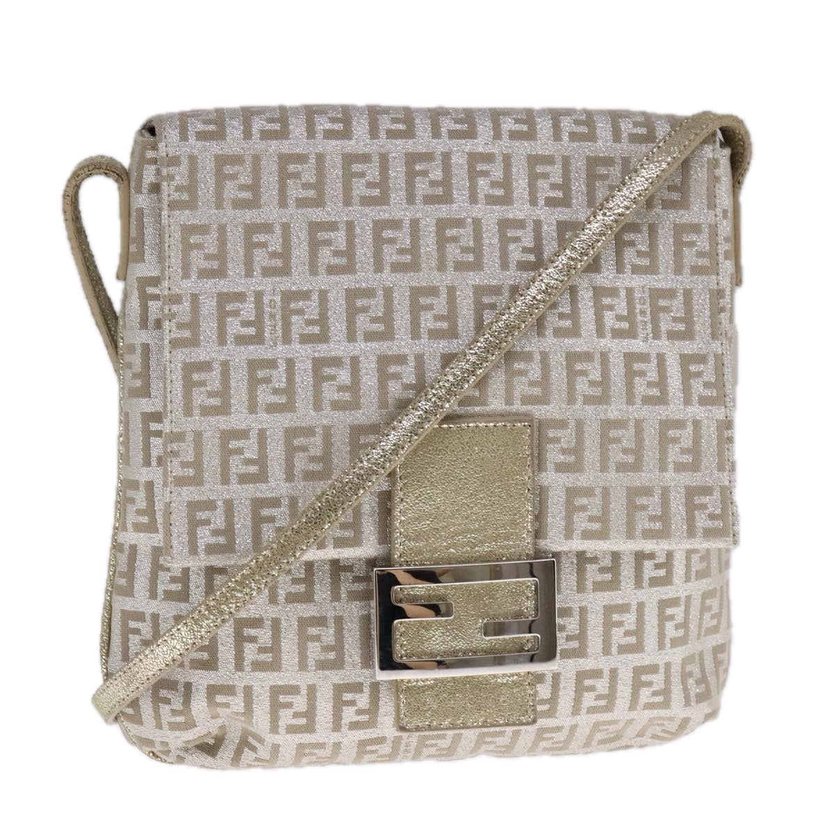 FENDI Zucchino Canvas Shoulder Bag Silver 108127