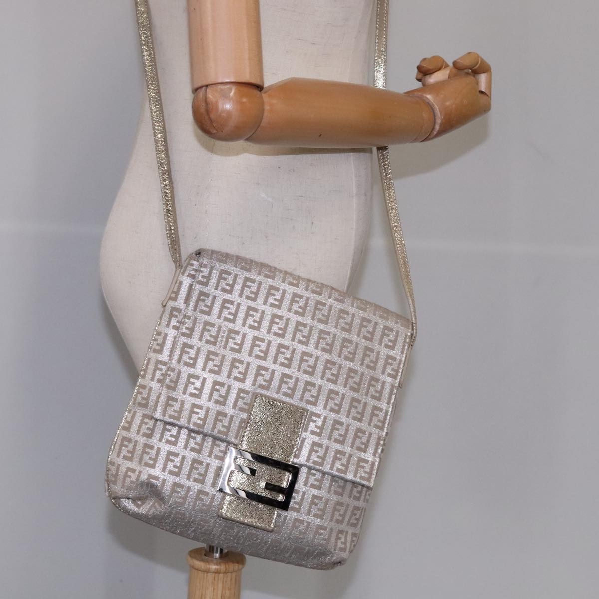 FENDI Zucchino Canvas Shoulder Bag Silver 108127