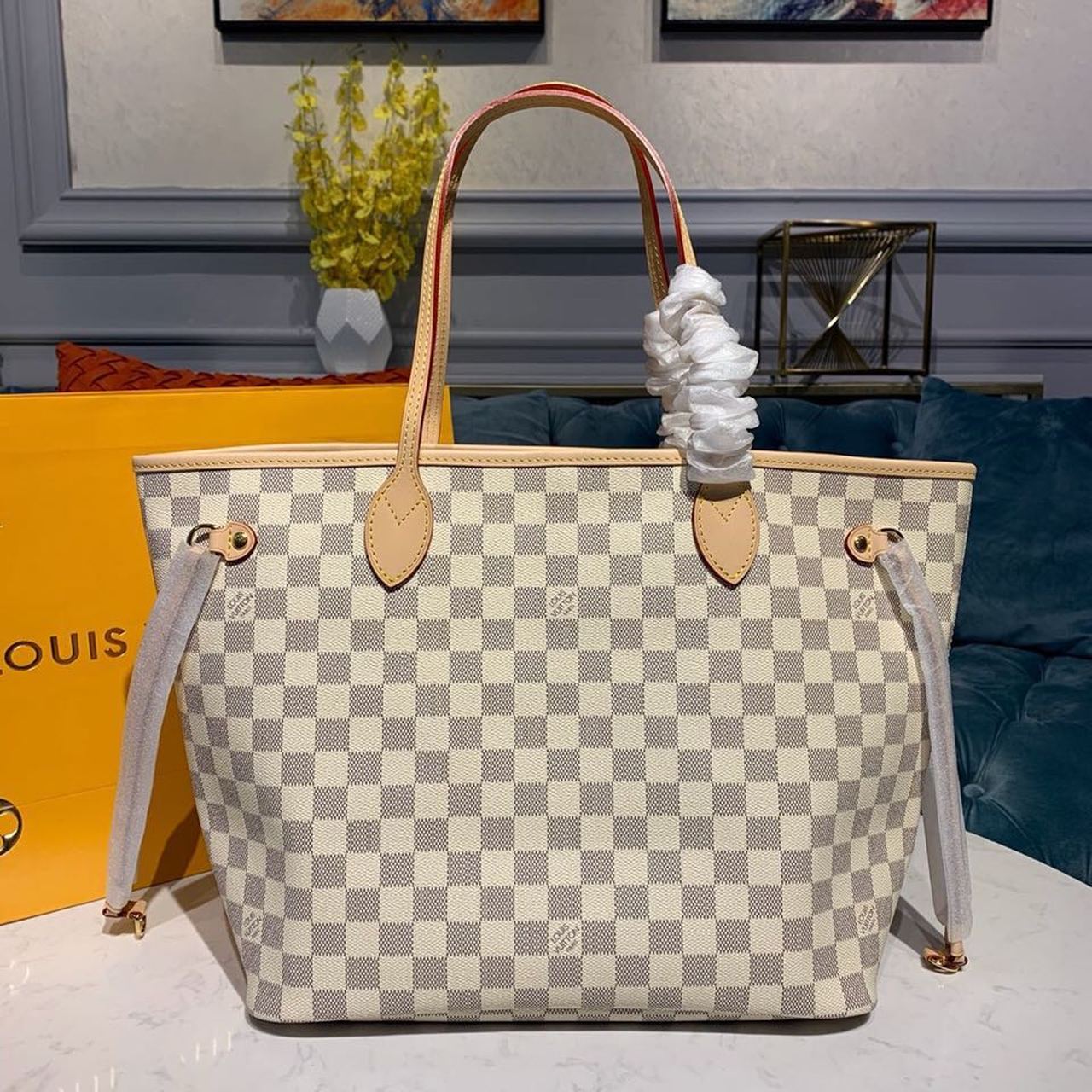 LV Neverfull MM Tote Bag Damier Azur Canvas For Women, WomenÃ¢â‚¬â„¢s Handbags, Shoulder Bags 12.2in/31cm LV N41361